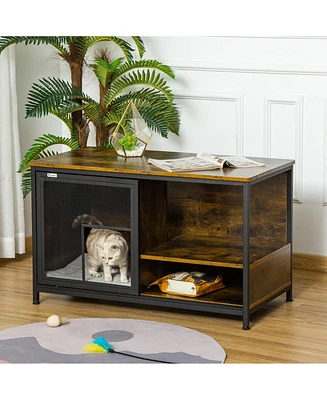 Simplie Fun Cat Kennel, Furniture Style Dog Cage, Wood & Steel End Table Pet House with Cushion and Sliding Doors, Rustic Brown