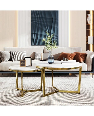 Streamdale Furniture Modern Round Nesting Coffee Table Set 2-Piece White & Marbling Top Gold Base