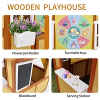 Kids Wooden Outdoor Playhouse with Working Doors and Windows