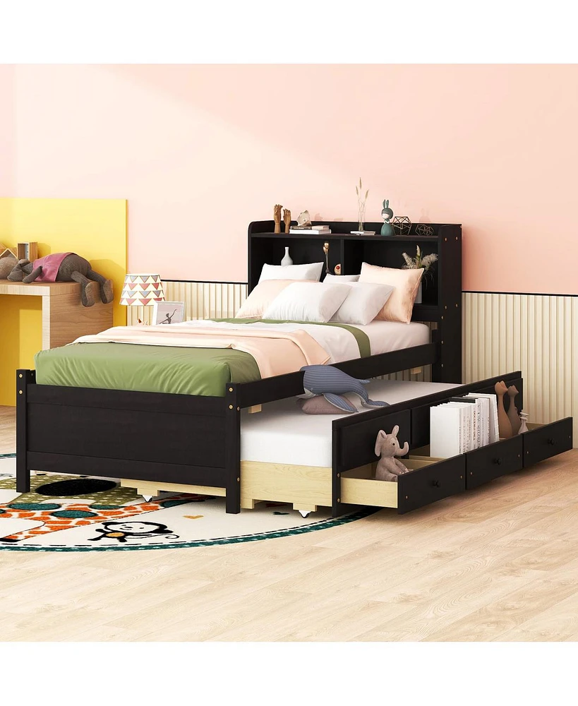 Simplie Fun Twin Size Bed with Usb, Led Light, Bookcase, Trundle, and Storage