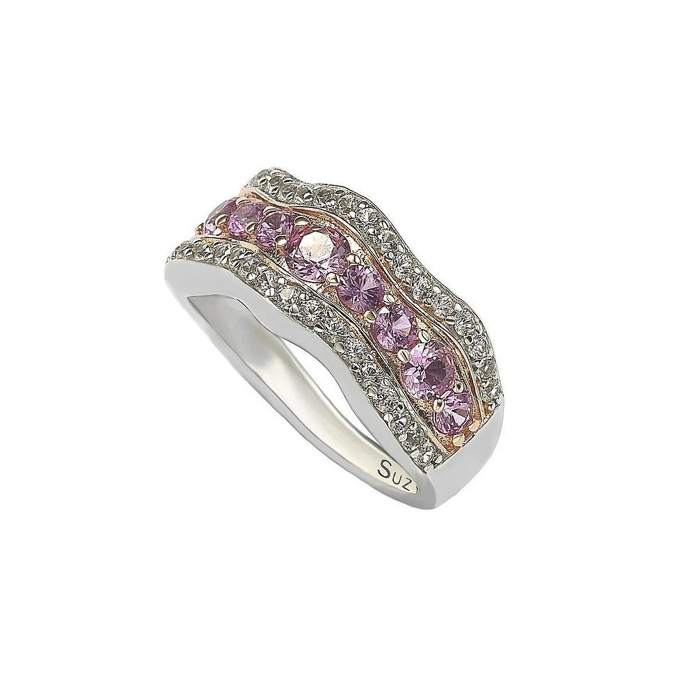 Suzy Levian New York Pink Sapphire & Lab-Grown White 9 Stone Curvy Frame Ring Sterling Silver by