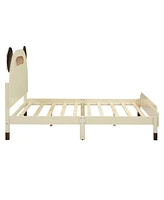 Simplie Fun Full Size Wood Platform Bed With Bear-Shaped Headboard, Bed With Motion Activated Night Lights