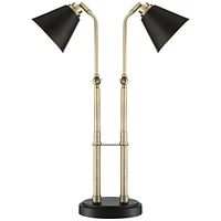 Possini Euro Design Sentry Mid Century Modern Desk Lamp 23" High with Usb Charging Port Black Brass Gold Metal Led Adjustable Cone Shade for Living Ro