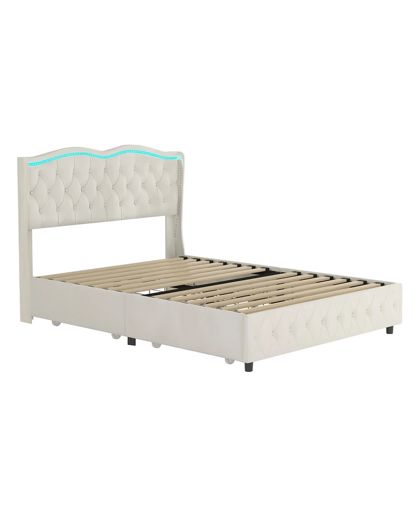 Simplie Fun Velvet Upholstered Queen Bed with Led Headboard & Storage