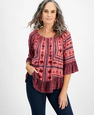 Style & Co Petite Printed On-Off Knit Top, Created for Macy's