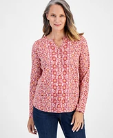 Style & Co Women's Cotton Printed Henley Top, Created for Macy's