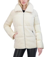 Tahari Women's Mixed-Media Stand-Collar Puffer Coat