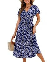 Cupshe Women's Navy Floral V-Neck Flared Sleeve Maxi Beach Dress