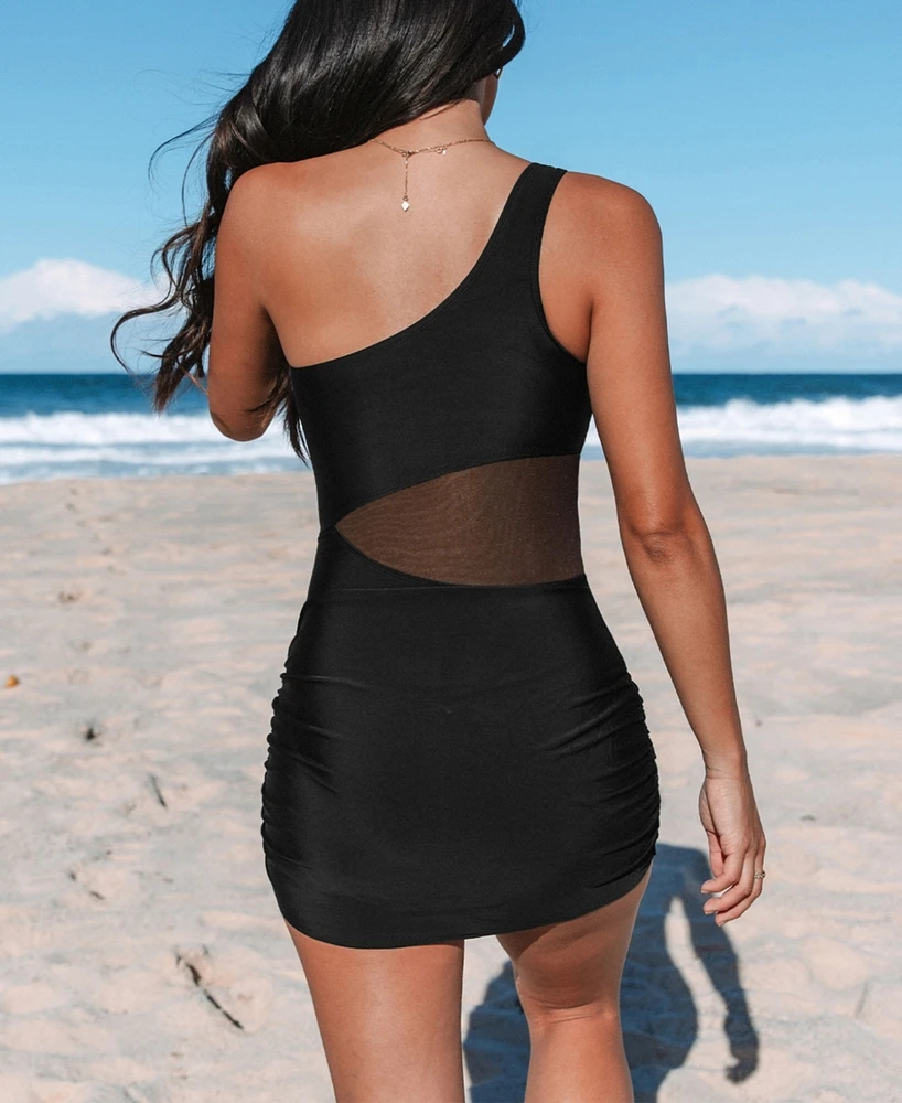 Cupshe Women's Black Asymmetrical Mesh Waist Swim Dress