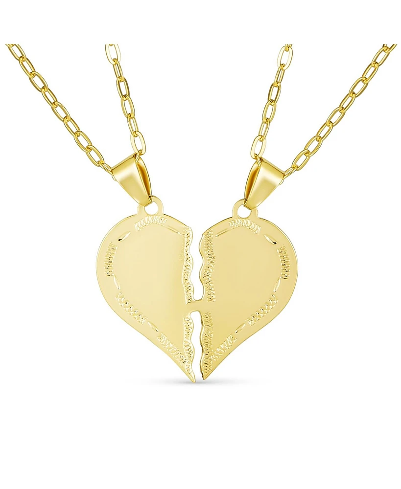 Bling Jewelry Simple Plain Bff Breakable Split 2 pcs Set Broken Heart Break Apart Puzzle Pendant Necklace Women For Mom 18K Gold Plated - Gold