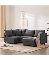 Mondawe 89x79"Modern Sectional Sofa with Vertical Stripes,2 Pillows,5-Seat Couch Convertible Ottoman,Various Combinations,L-Shape Indoor Furnitur