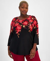 Jm Collection Plus Baroque Cascade 3/4-Sleeve Top, Created for Macy's