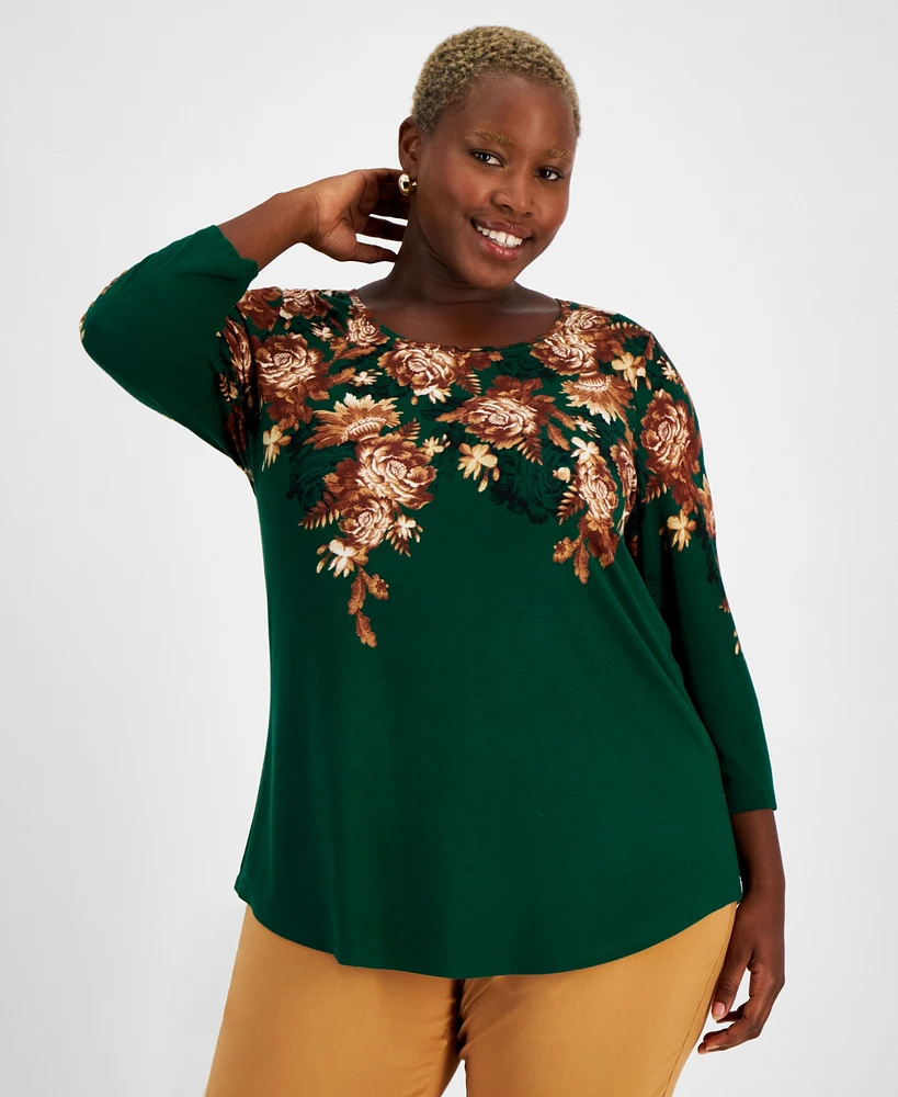 Jm Collection Plus Baroque Cascade 3/4-Sleeve Top, Created for Macy's