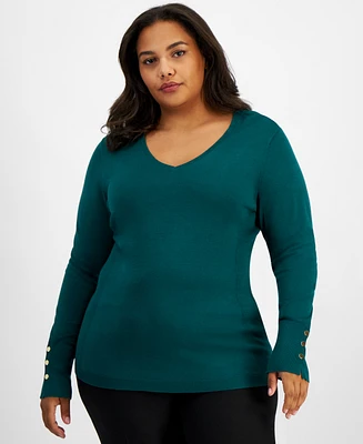 Jm Collection Plus Size Buttoned-Cuff Sweater, Created for Macy's
