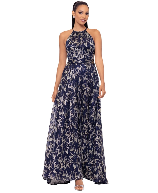 Betsy & Adam Women's Metallic Print Sleeveless Halter Gown | MainPlace Mall
