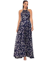 Betsy & Adam Women's Metallic Print Sleeveless Halter Gown