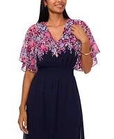 Msk Petite Printed V-Neck Flutter-Sleeve Smocked-Waist Dress