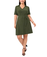 Msk Plus Collared-v-Neck Tie-Waist Short-Sleeve Dress