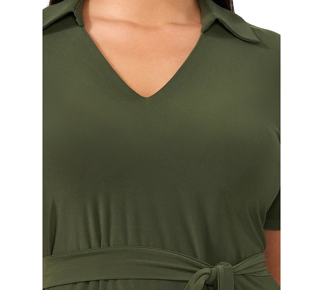 Msk Plus Collared-v-Neck Tie-Waist Short-Sleeve Dress | MainPlace Mall