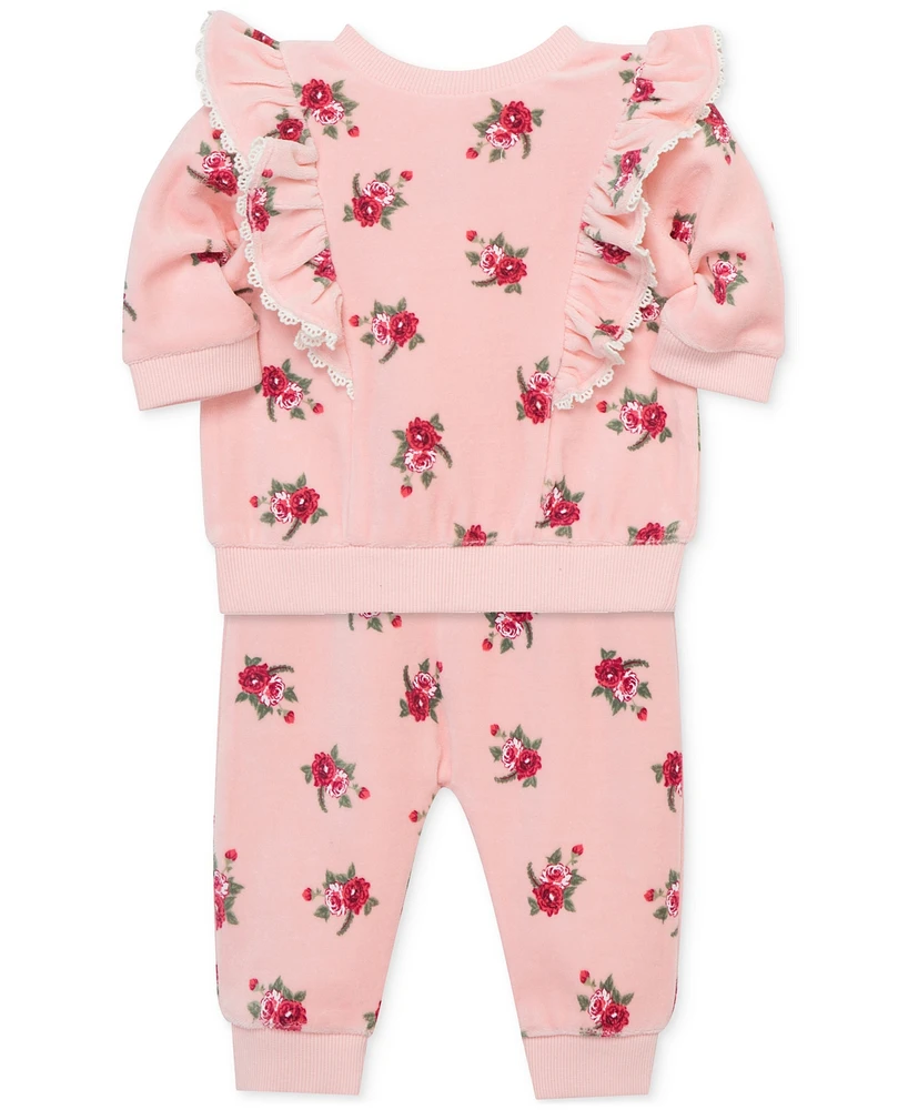 Little Me Baby Girls Ruffled Roses Velour Sweatshirt & Pants Set