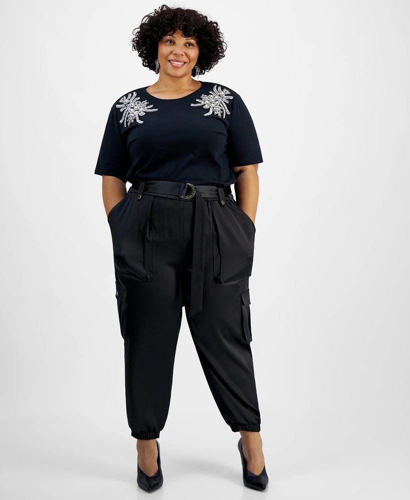 I.n.c. International Concepts Plus Belted High-Rise Satin Cargo Pants, Created for Macy's