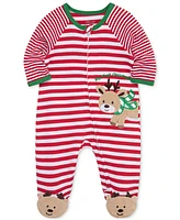 Little Me Baby Boys My 1st Christmas Cotton Striped Reindeer Footed Coverall