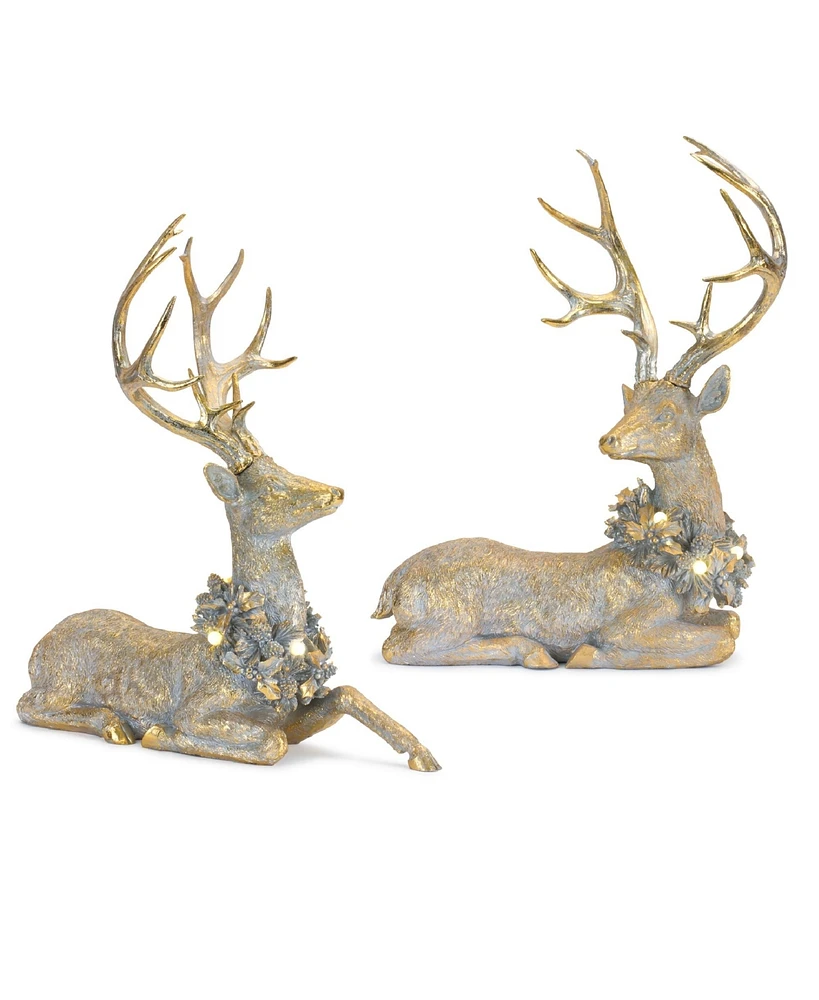 Slickblue Holiday Deer Figurine with Lighted Wreath and Gold Finish (Set of 2)