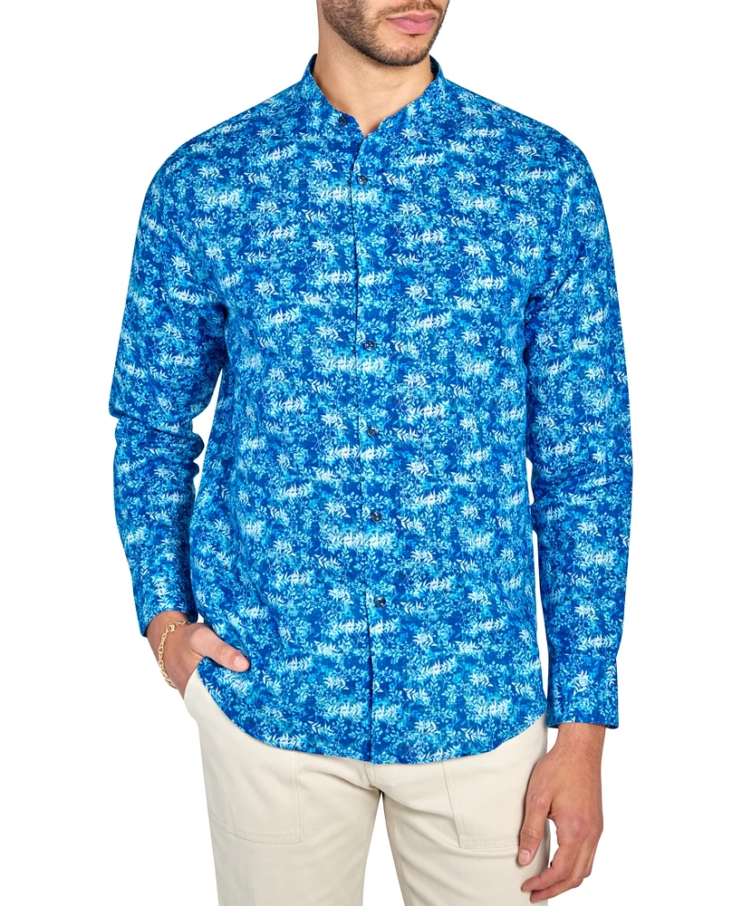 Brooklyn Brigade Men's Moisture-Wicking Abstract leaf-Print Button-Down Mandarin Shirt