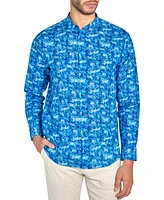 Brooklyn Brigade Men's Moisture-Wicking Abstract leaf-Print Button-Down Mandarin Shirt