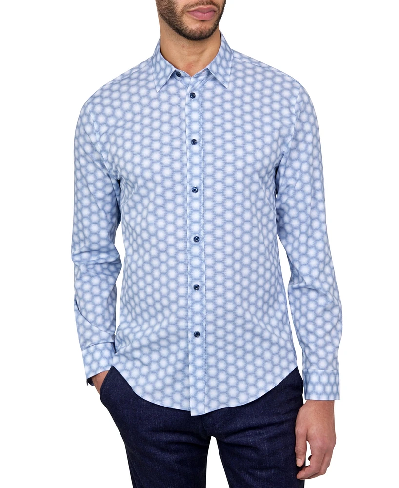 Brooklyn Brigade Men's Non-Iron Performance Stretch Moisture-Wicking Hexagon-Print Button-Down Shirt