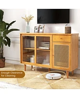 Costway Buffet Sideboard Cabinet Rattan Console Table with Sliding Doors Storage Drawer