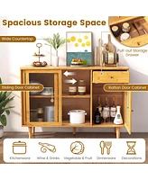 Costway Buffet Sideboard Cabinet Rattan Console Table with Sliding Doors Storage Drawer