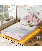 Streamdale Furniture Full size crown-shaped princess bed, soft Pu leather padding, adjustable Led ambient Light strip, Pink