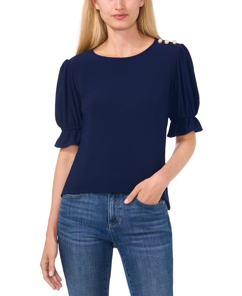 CeCe Women's Puff-Sleeve Button-Shoulder Knit Top