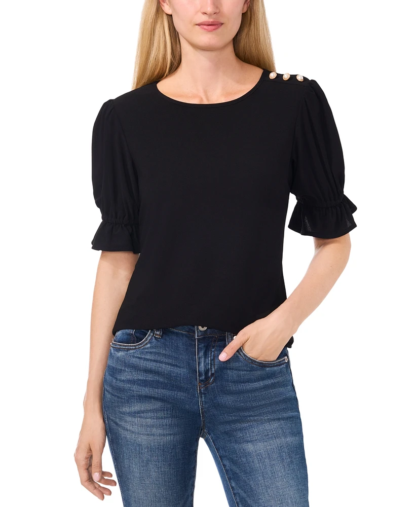 CeCe Women's Puff-Sleeve Button-Shoulder Knit Top