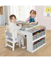 Costway 2-in-1 Kids Wooden Art Table and Art Easel Set with Chairs Storage Bins Paper Roll