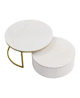 Modern Round Nesting Coffee Table Fluted with Drawer in Black & Gold in 31.5"