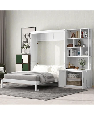 Simplie Fun Full Size Murphy Bed with Multiple Storage Shelves and A Cabinet, White