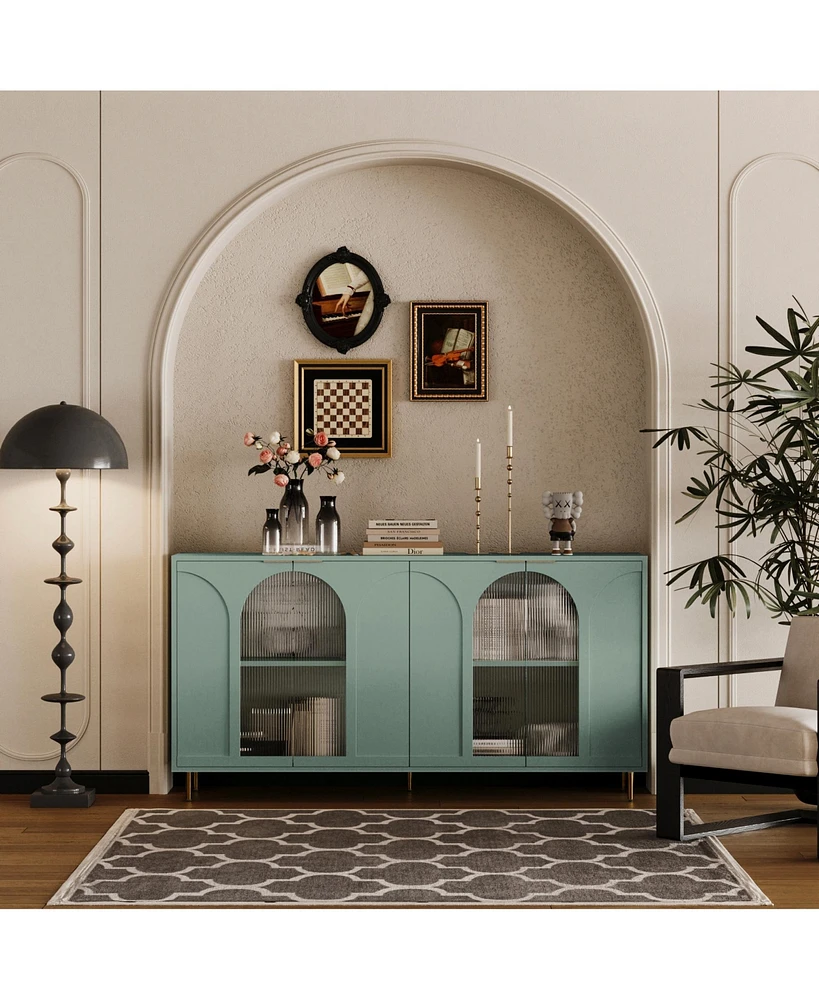 Simplie Fun Mint Green Accent Cabinet 4 Glass Doors, Adjustable Storage