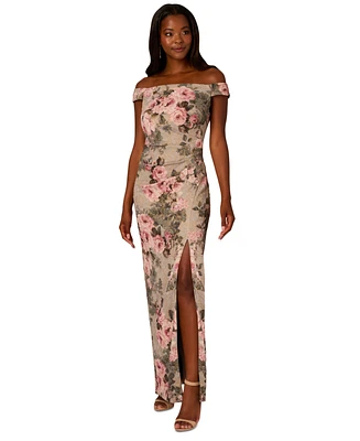 Adrianna Papell Women's Metallic Jacquard Floral Print Off-The-Shoulder Gown