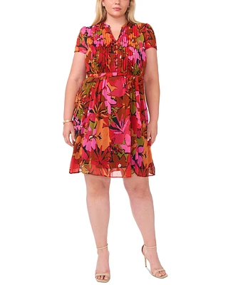 Msk Plus Printed Split-Neck Pintuck Cap-Sleeve Dress