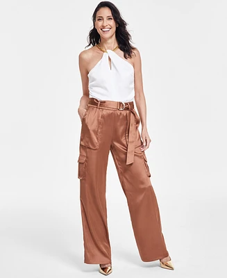 I.n.c. International Concepts Women's High-Rise Belted Satin Cargo Pants, Created for Macy's