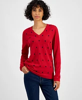 Tommy Hilfiger Women's Heart Print V-Neck Long-Sleeve Cotton Sweater