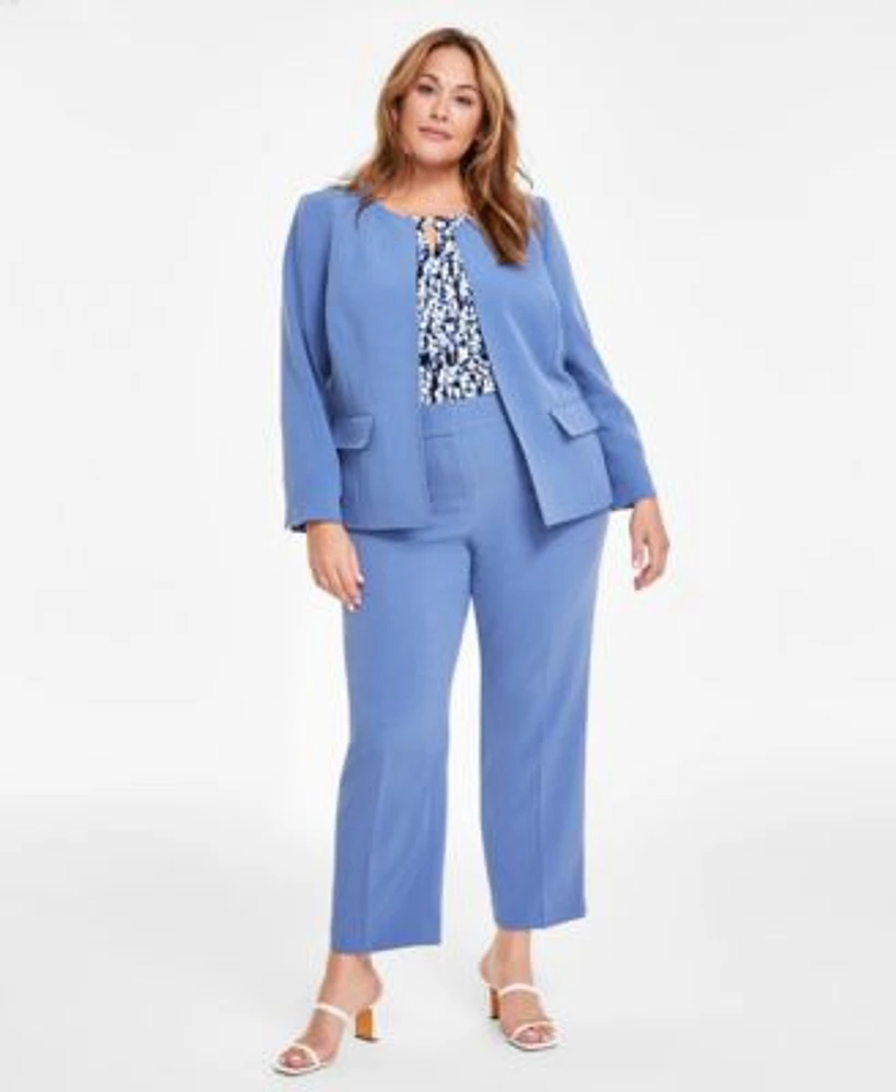 Kasper Plus Size Collarless Open Front Jacket Printed Pleat Neck Keyhole Sleeveless Blouse Mid Rise Straight Leg Fly Front Pants