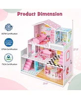 Costway Kids Wooden Dollhouse Playset with 5 Simulated Rooms & 10 Pieces of Furniture