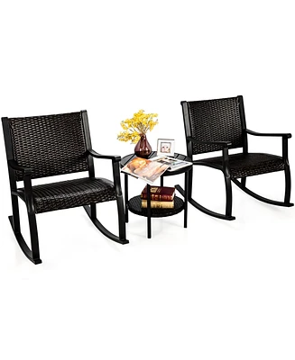 Gymax 3PCS Rattan Rocking Bistro Set Patio Conversation Set Patio Yard Outdoor