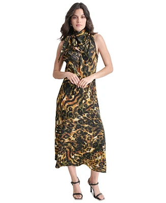 Dkny Women's Sleeveless Printed Tie-Neck Midi Dress