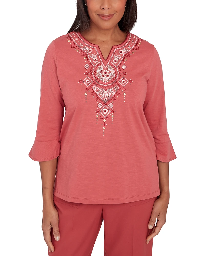 Alfred Dunner Petite Floral-Embroidered Split-Neck Top