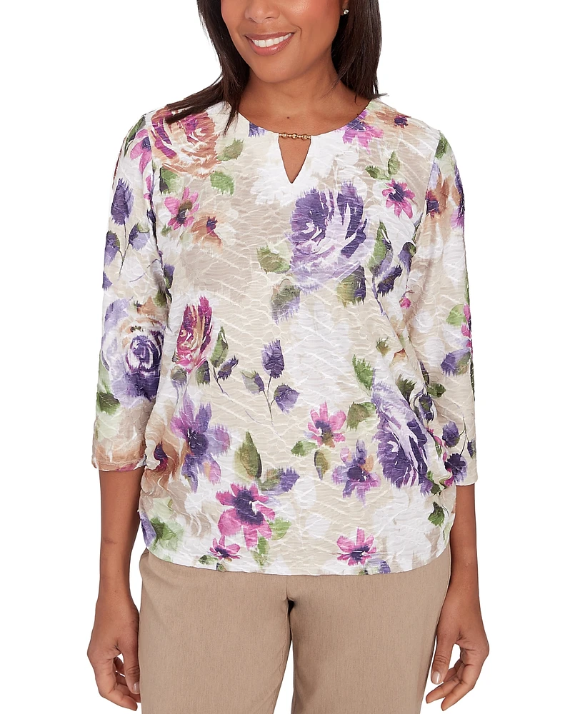 Alfred Dunner Petite Women's Embellished Keyhole Floral Textured Top