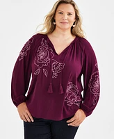 Style & Co Plus Floral-Embroidered Popover Blouse, Created for Macy's